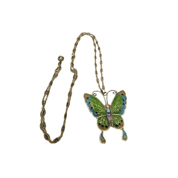 Vintage Plique A Jour Butterfly Pendant Necklace (A663) - Picture 1 of 4